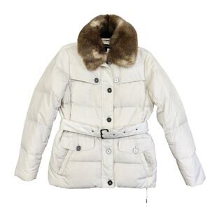 Lands End Womens Down Feather Puffer Jacket‎ Size Small White Fur Collar Belted